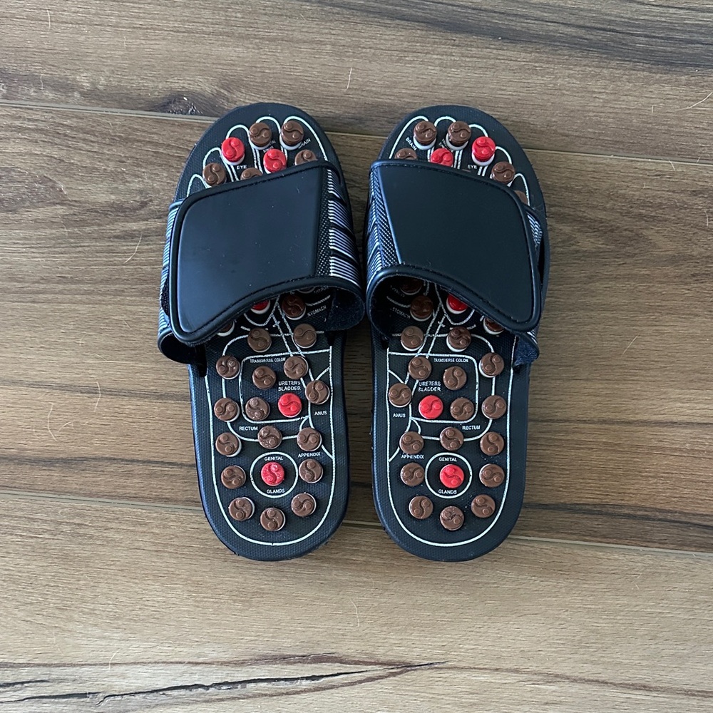 Black Acupressure Massage Slide Sandals with Red Accent